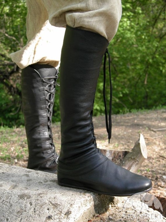 Medieval Men's High Leather Boots "Forest"; Black leather shoes with lacing