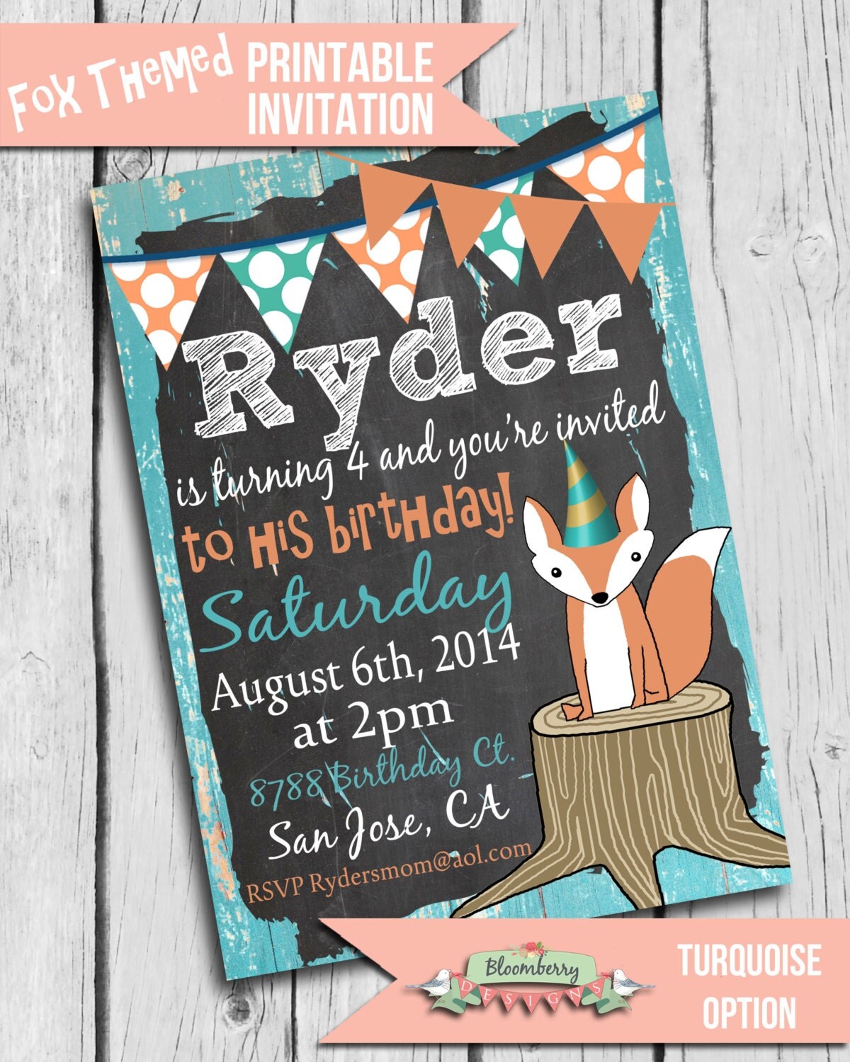 Fox Birthday Party Invitation Fox Party by BloomberryDesigns