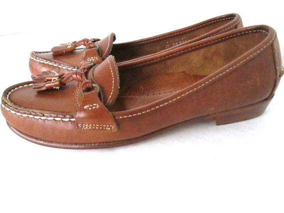 Vintage 80s Brown Leather Loafers Fringe Tassle Penny