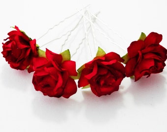 Red Rose Floral Hair Pin Set/ Traditional/ Bridal/ Wedding Hair Accessories/ Bridesmaid Hair Pins/ Wedding Flower Pins