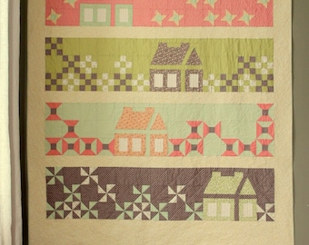 Calling Me Home queen size quilt pattern - printed pattern sent by the mail - homes, houses and patchwork in a modern quilt layout