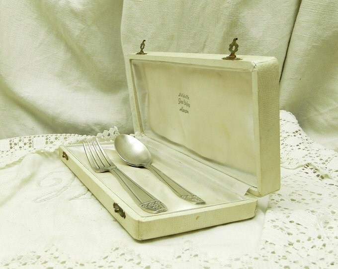 Antique Boxed Set of Silver Plated Art Deco Fork and Spoon from Normandy, French Vintage Cutlery Original Box, Retro Tableware from France