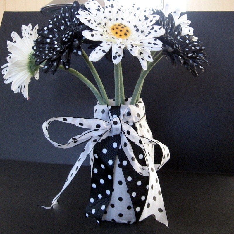 Black and white polka dot mason jar vase with polka dot silk
