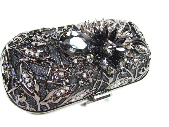 Hematite Crystal Metal Flower Bridal Clutch, Wedding Purse, Statement Clutch