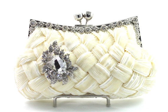Cream Woven Satin Crystal Rhinestone Bridal Clutch Wedding Purse