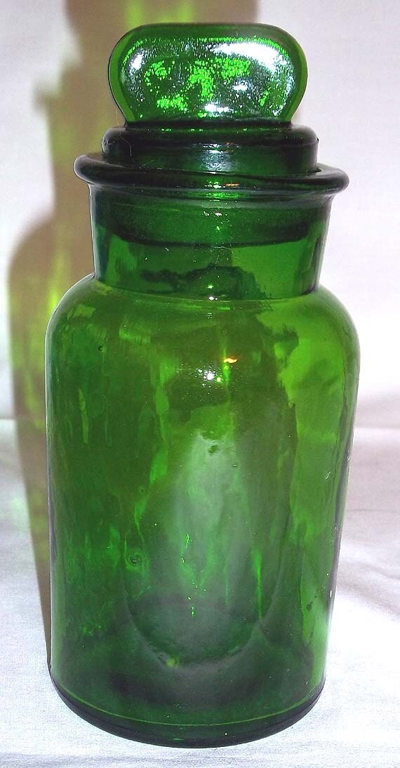 Vintage Dark Green Apothecary Glass Jar With Ground Glass Lid