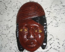 Carved wood head, Tribal carved head wall hanging 8&quot; Spooky Solid wood head with - il_214x170.614445215_qhk4