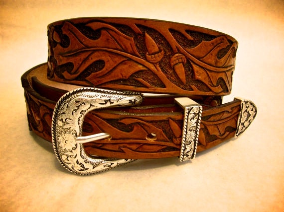 Hand-Tooled Leather Belt With Oak Leaf Western by TheLeafLeather
