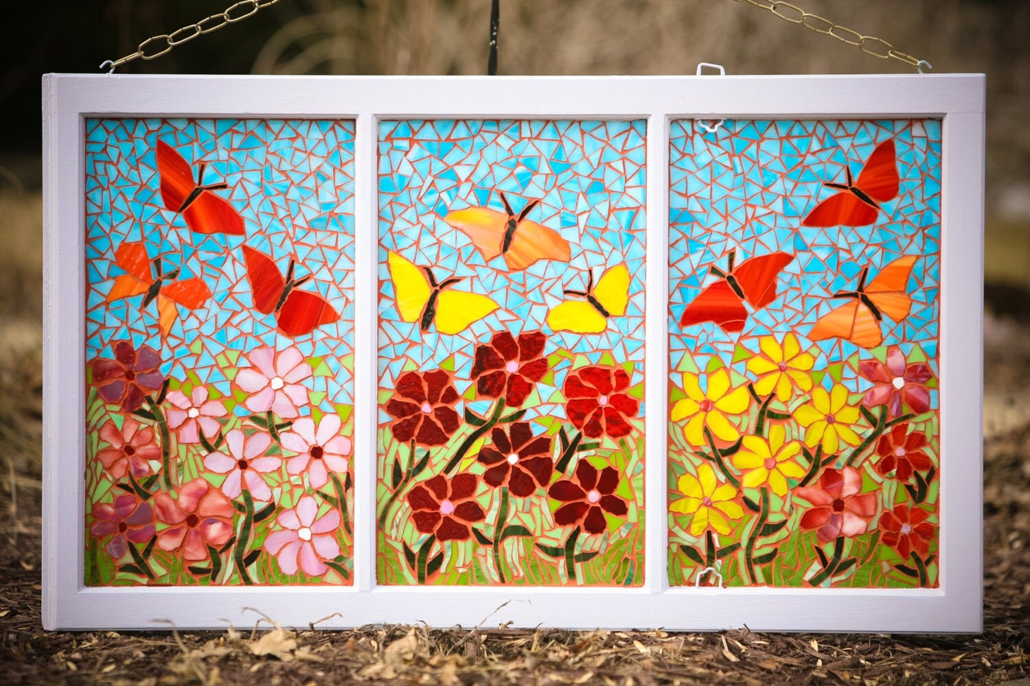 Flowers Butterflies Garden Theme Mosaic / Stained Glass Window