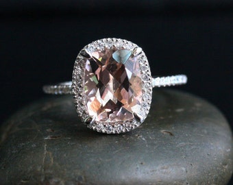 Pink Peach Morganite Engagement Ring Cushion Morganite 10x8mm Ring in 14k White Gold with Diamond Halo
