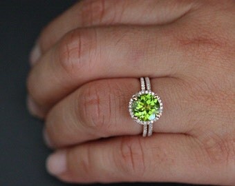 Peridot Engagement Ring Peridot Wedding Ring Set in 14k Rose Gold with Peridot Round 9mm and Diamond Halo
