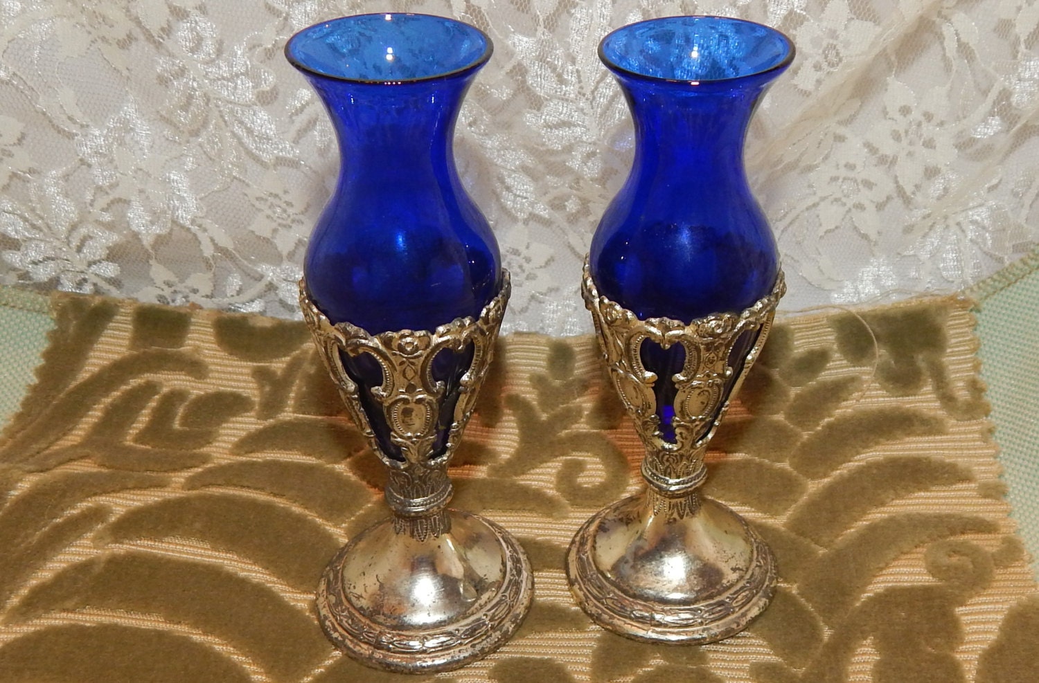2 Cobalt Blue Glass Bud Vase Linings with Silver Plated Ornate