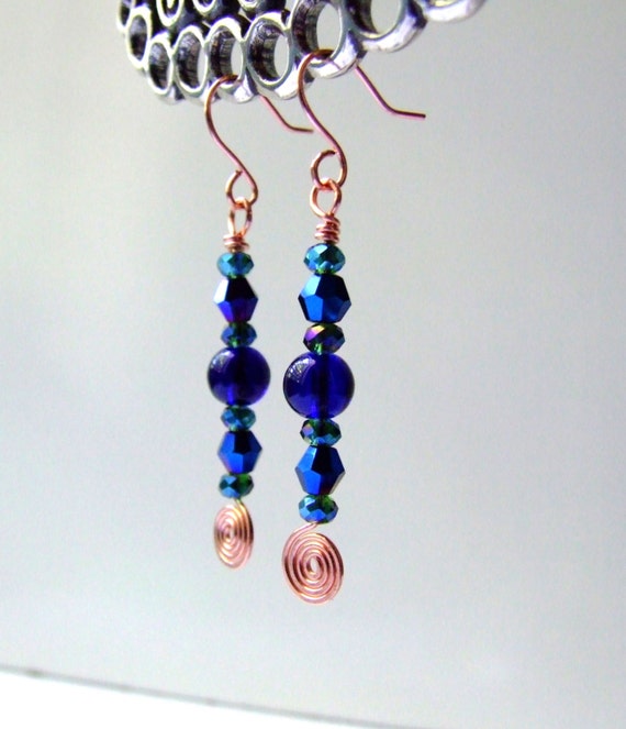 Colbalt crystal copper hammered dangle earrings.