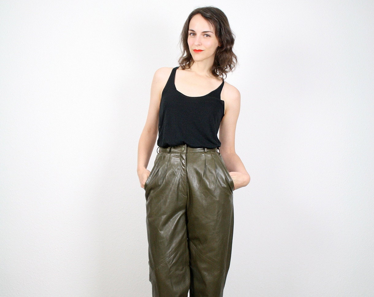 Vintage Leather Pants Olive Green Moss Green by ShopTwitchVintage