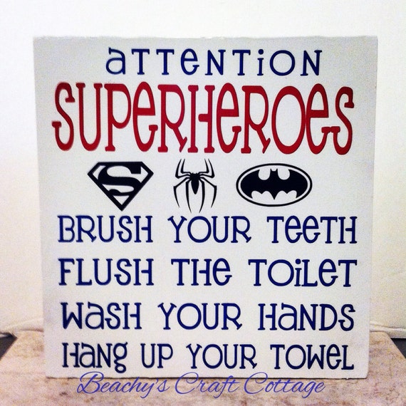Superheroes Bathroom Sign 5.5 x 7 Wood by BeachysCC on Etsy