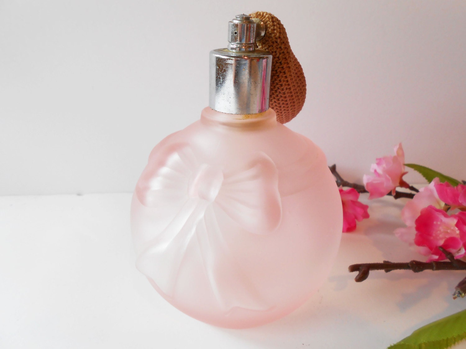 Vintage Perfume Bottle Pink Bottle with Bow Glamorous Vanity