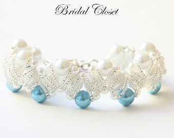 Bridal Pearl Bracelet, Bridal Bracelet Pearl, Something Blue Beaded Bracelet, Wedding Bracelet, Wedding Jewelry, Pearl Bracelet