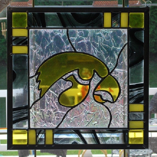 Stained glass Iowa Hawkeye panel black border suncatcher