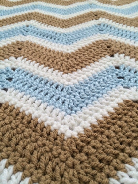 Chevron Baby Crib Blanket baby blue light brown and white