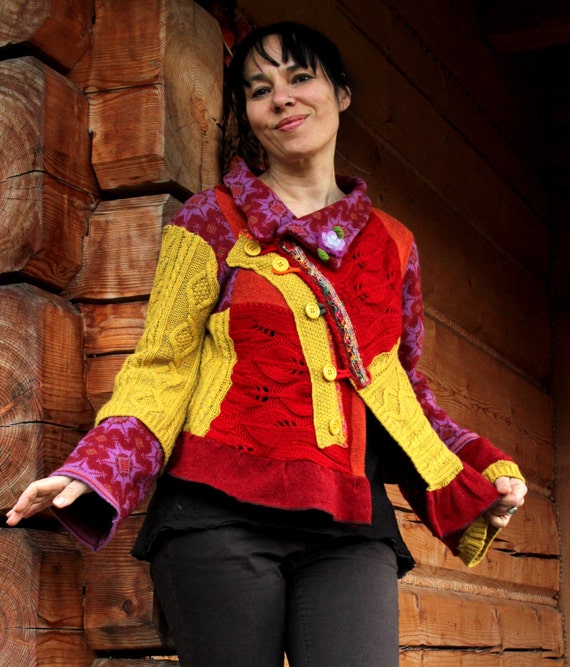 Fantasy design hot colors patchwork recycled sweater jacket