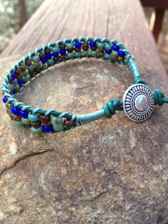 Leather Wrap Beaded Bracelet In Turquoise Cobalt And Brown