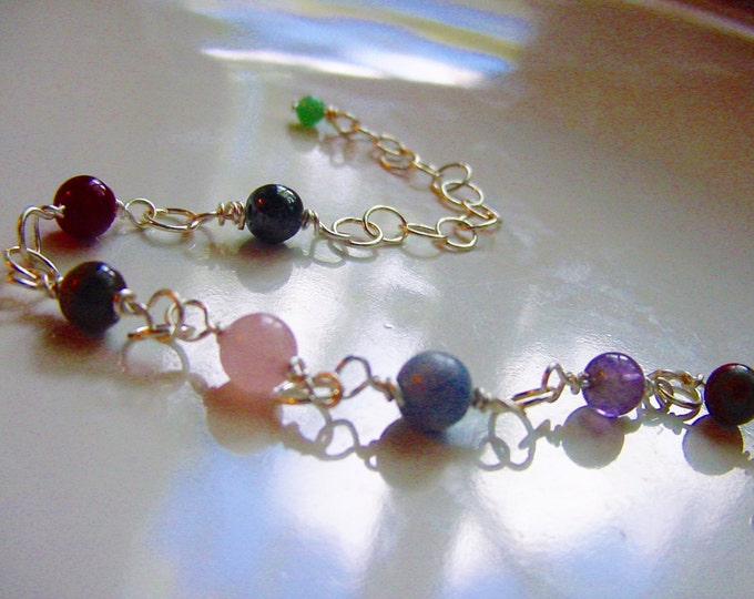 7 Chakra Bracelet, Semi Precious Stones, wire wrapped and linked, Heart Toggle Energy Centers, Reiki Jewelry, Gift Idea