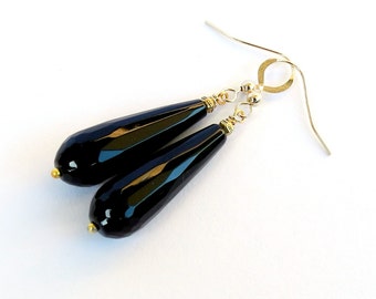 Black Onyx Earrings, Teardrop Earrings, Classic Jewelry, Black Earrings, Gold Earrings, Gemstone Jewelry, Black Drop Earrings