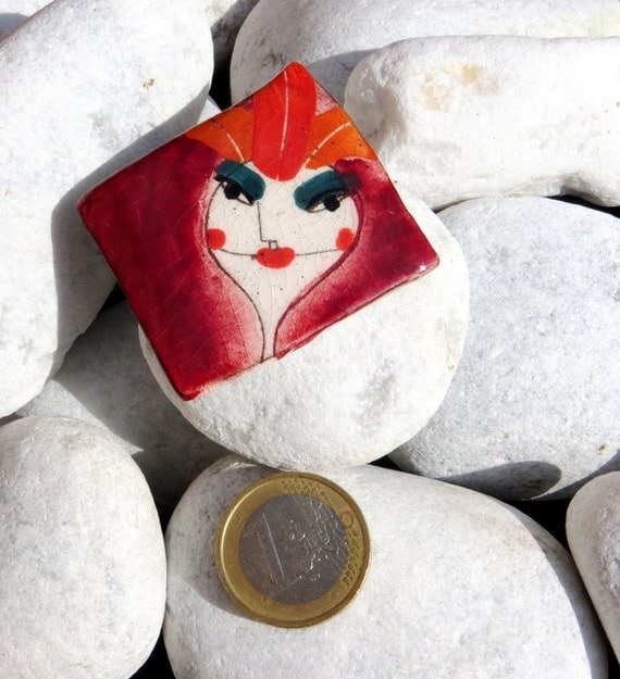 Red + Orange Hot Woman - Ceramic Brooch Pin Jewelry Brooch Modern Ceramic Jewelry Unusual Brooch
