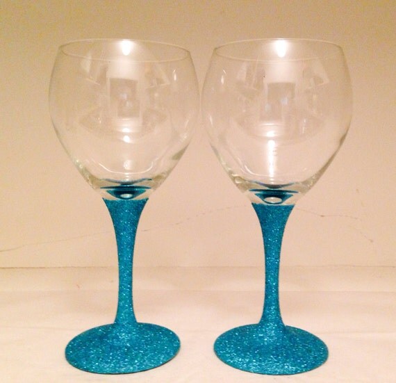 Blue Teal Glitter Stemmed Wine Glasses by TheSaltyPickle on Etsy