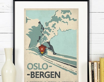 Retro travel poster, Norway, Oslo Bergen, train, railroad, Norway, explore Scandinavia, Scandinavian landscape, Nordic, mountains, art print