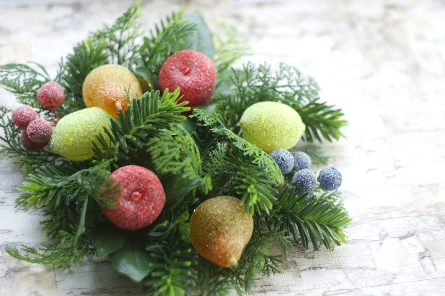 Vintage Christmas Candle Ring Wreath Sugared Fruit Plastic