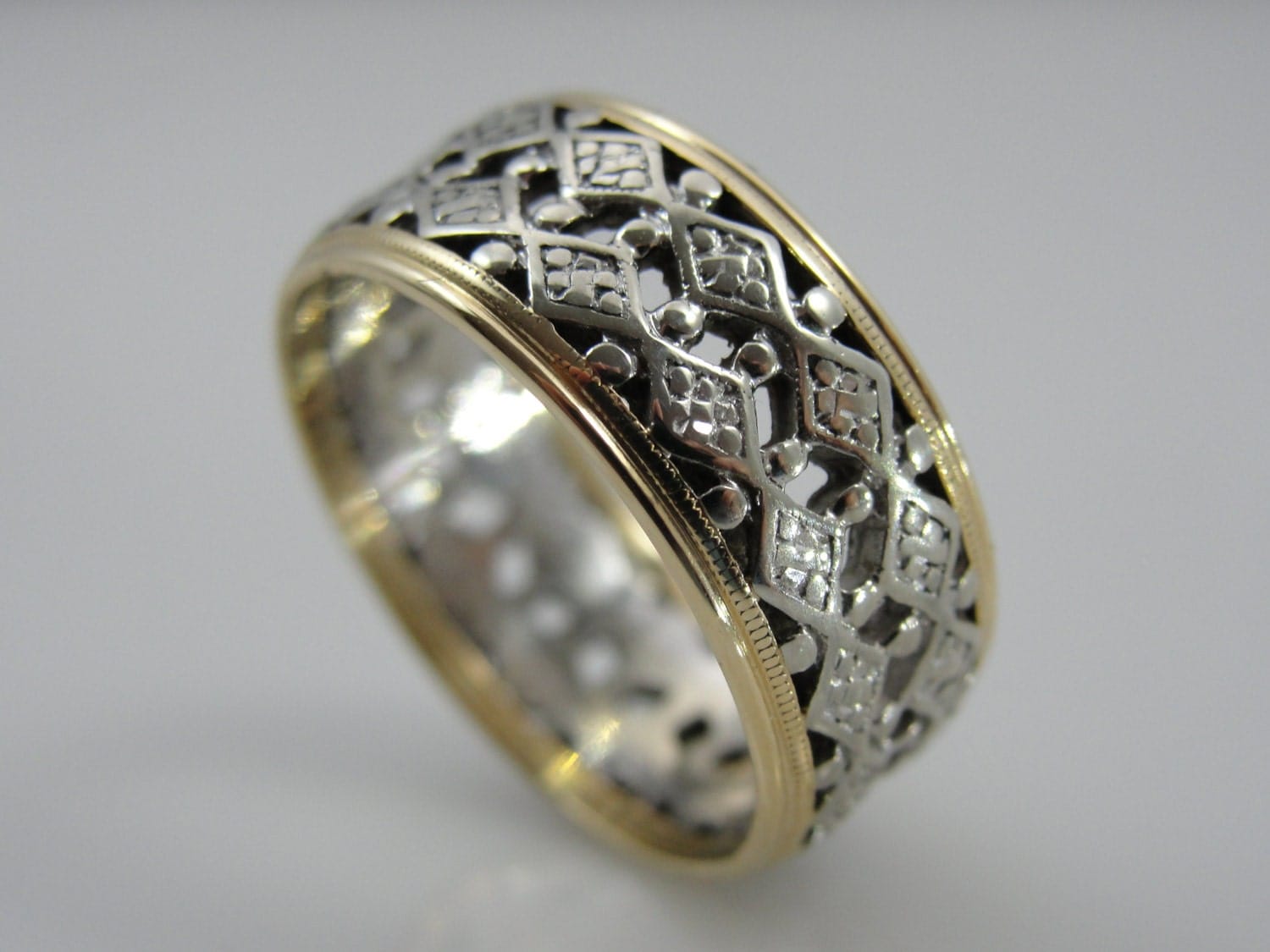 Wide Filigree Wedding Band in Yellow and White Gold Vintage