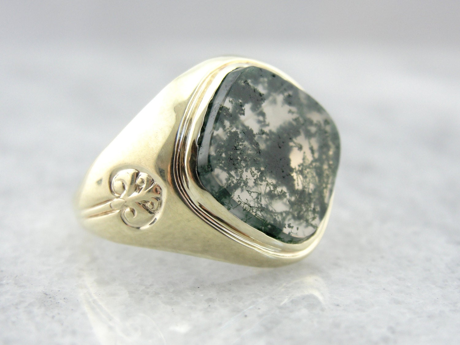 RESERVED Moss Agate and Green gold Vintage Ring for Man or