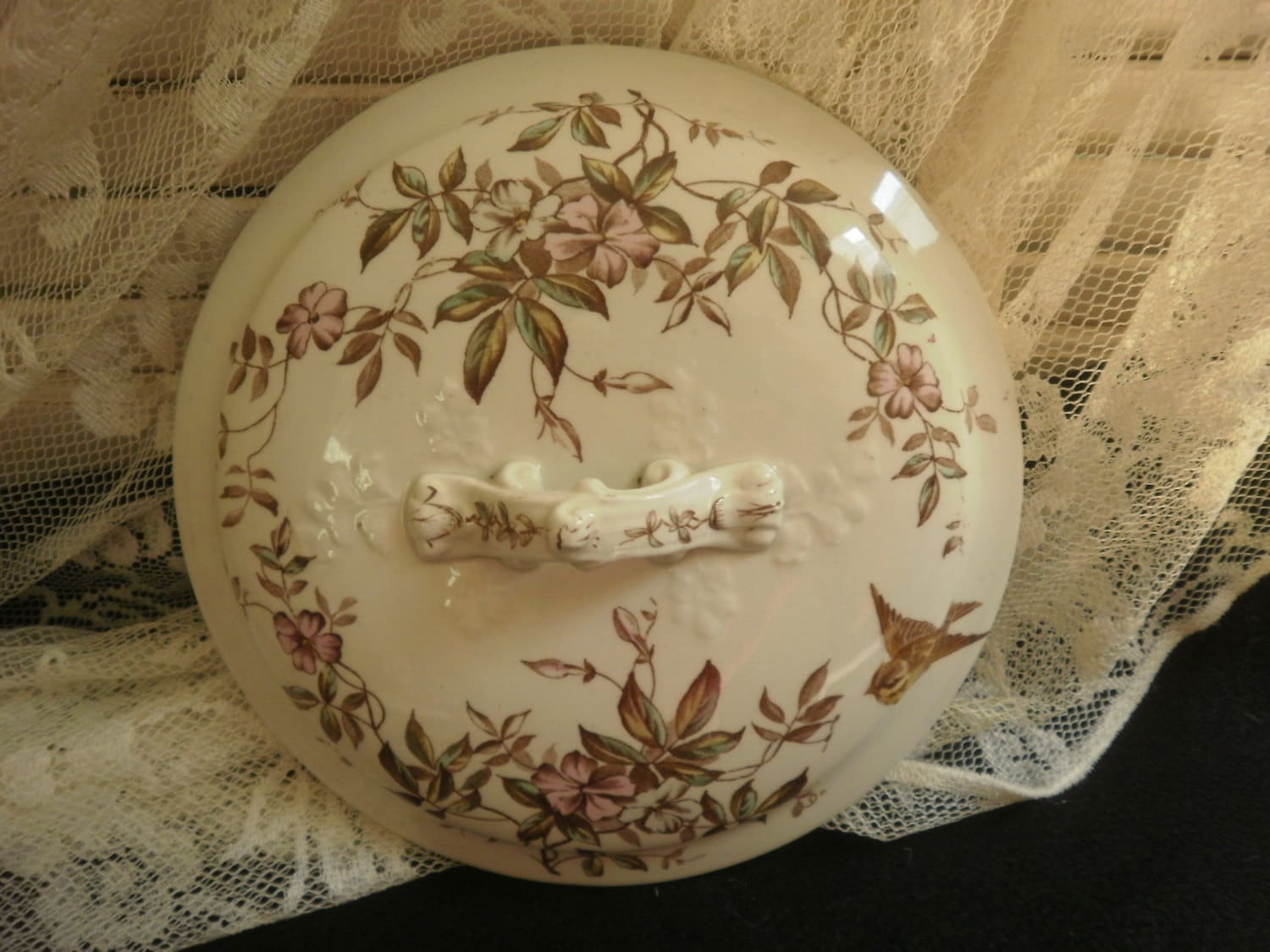 Ceramic Chamber Pot Lid Beautiful Brown Transferware with a bird and flowers Ironstone Lid