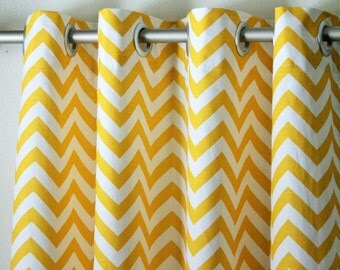 Pair of 25" wide cornmeal yellow and white chevron zig zag panels, drapes, curtains - can add grommets/lining 25x63" 25x84" 25x96" 25x108"