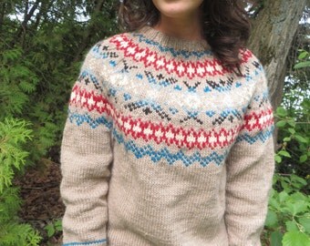 women's handknit tan Nordic style sweater
