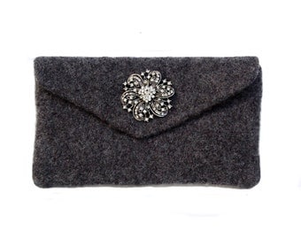 Charcoal Grey Felted Clutch - Felted clutch complete with a removable rhinestone brooch and a removable 42" purse chain