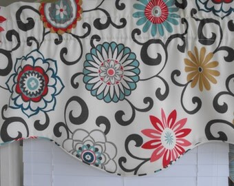 Window valance, gray, charcoal gray, teal, red, orange, window treatment valance, window treatment, curtains, valance floral valance