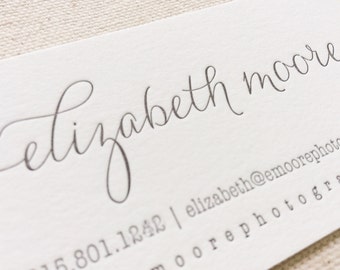 Letterpress Business Cards, Calling Card, Custom, Calligraphy, Photographer, Event Planner, Logo, Script, Simple, black, gold B101