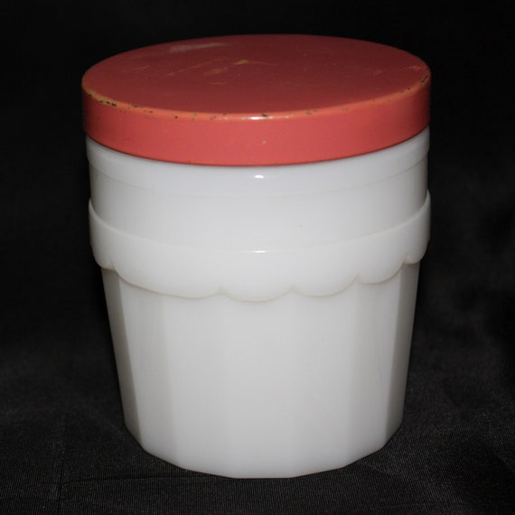 Vintage cold cream/ cosmetic white milk glass jar with pink