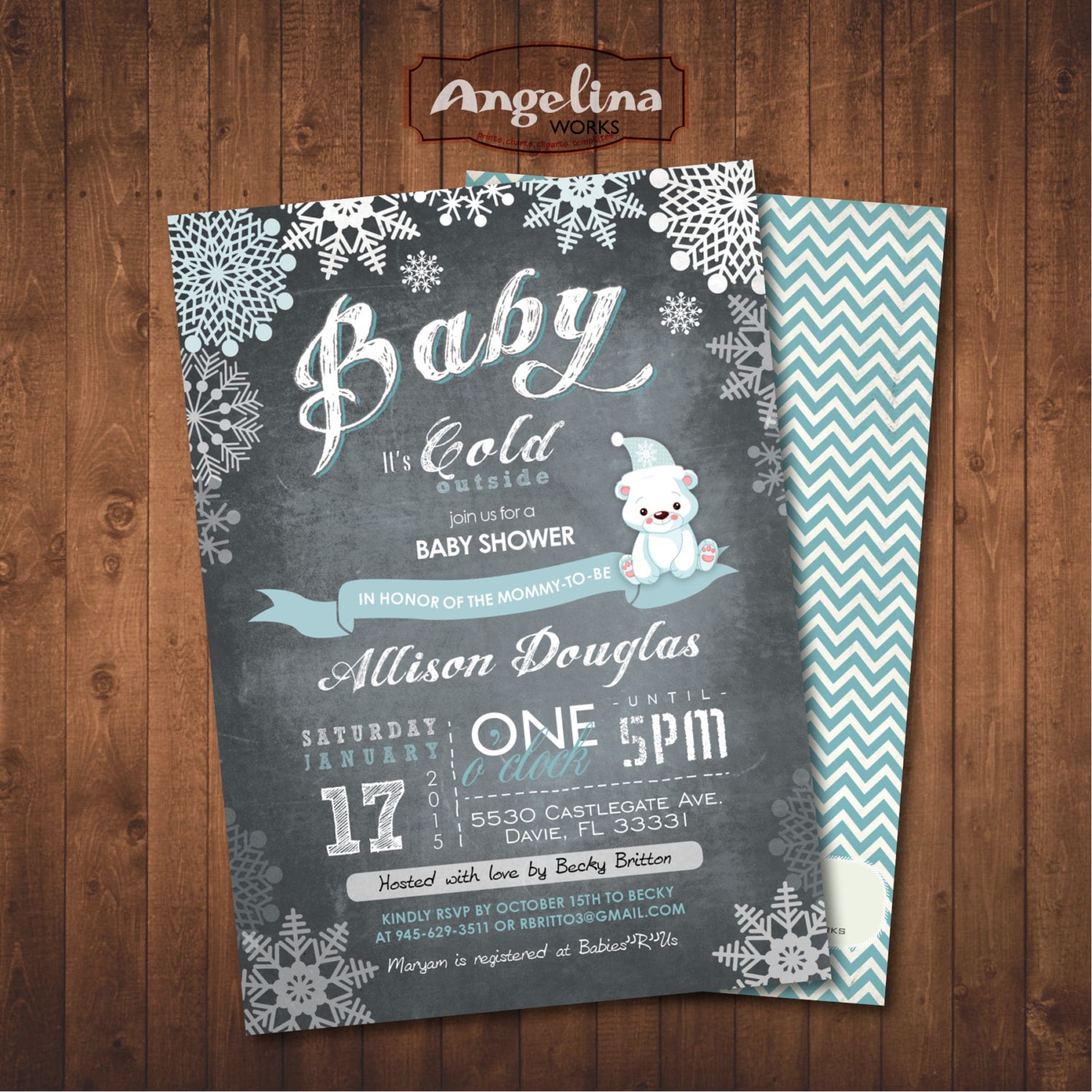 Winter Baby Shower Invitation Chalkboard. Polar Bear. Digital