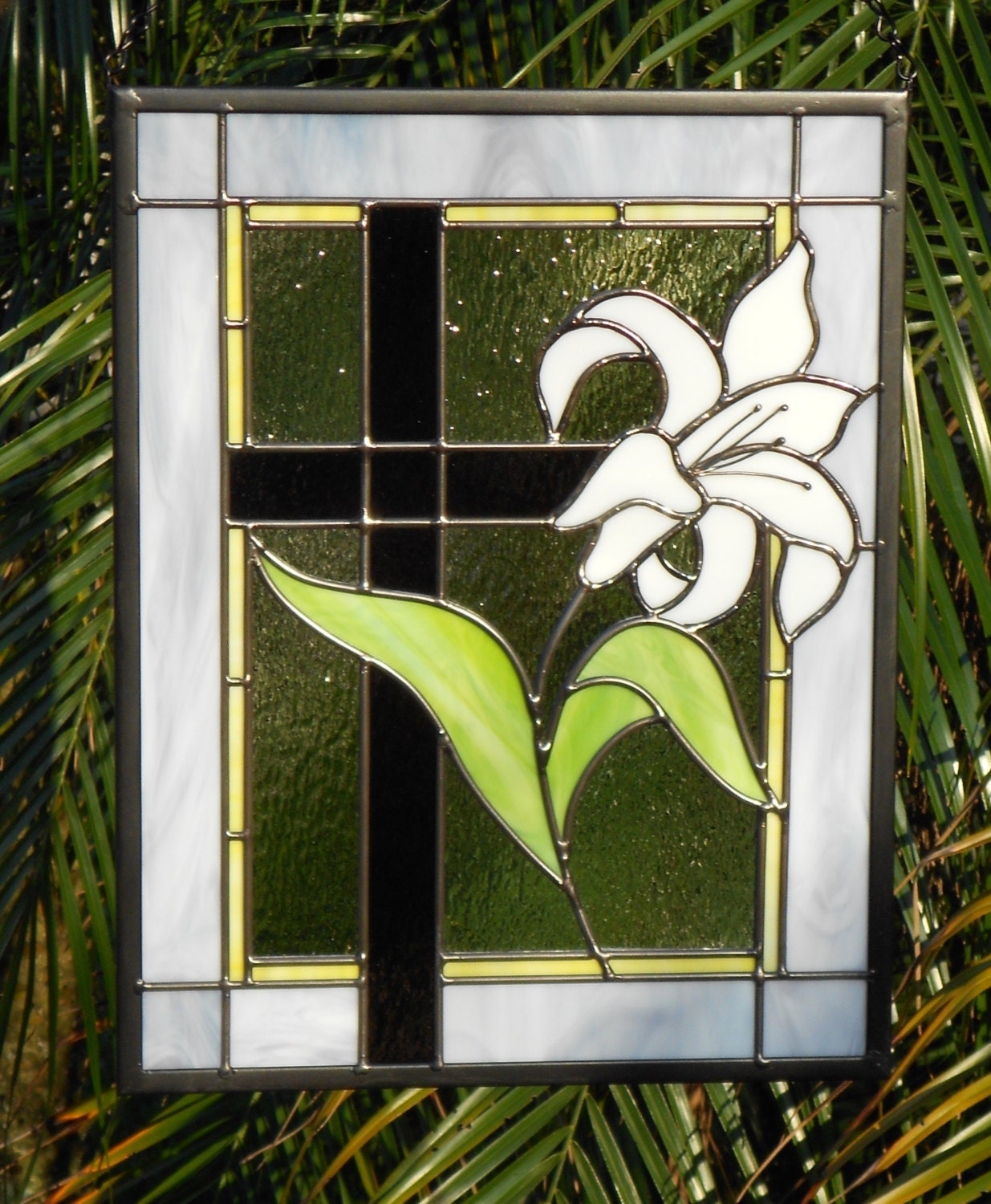 Stained Glass Panel Lily With Cross Leaded Panel 704