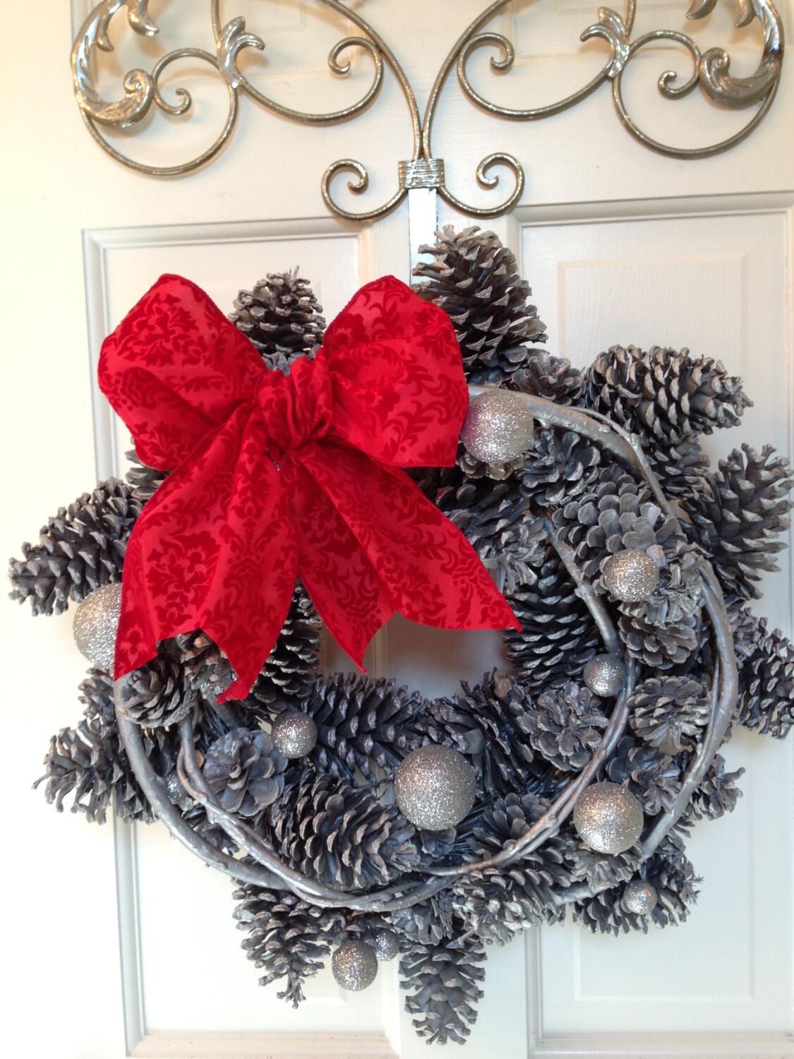 READY TO SHIP - Silver on Silver Pine Cone Wreath, Christmas Wreath, Ornament Wreath, Holiday Wreath, Front Door Wreath, Christmas Decor