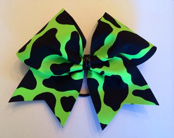 Cheer Bow - Neon Green Cow Print
