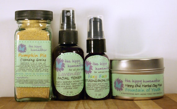 Natural Skin Care Gift Set- Cleansing Grains, Toner, Moisturizing Serum, & Herbal Clay Mask - Eco Friendly packaging
