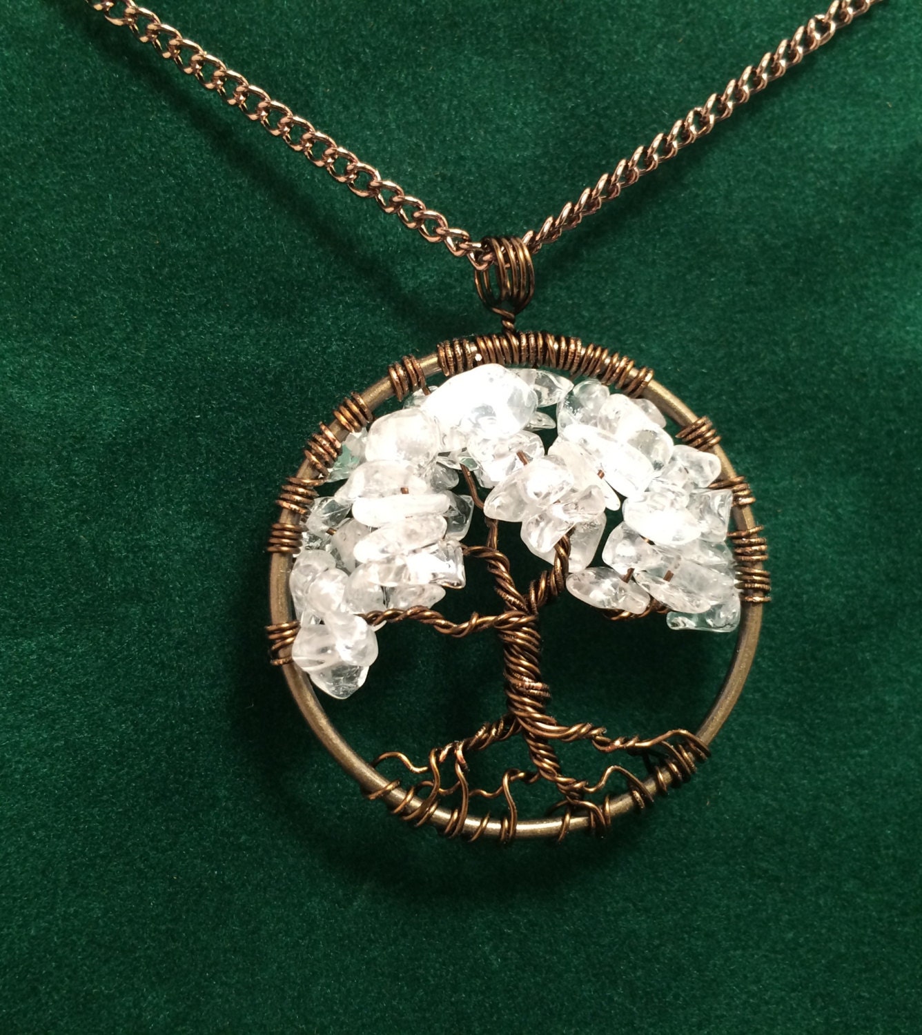 Tree Of Life Necklace Clear Quartz Pendant Brown Wire Wrapped