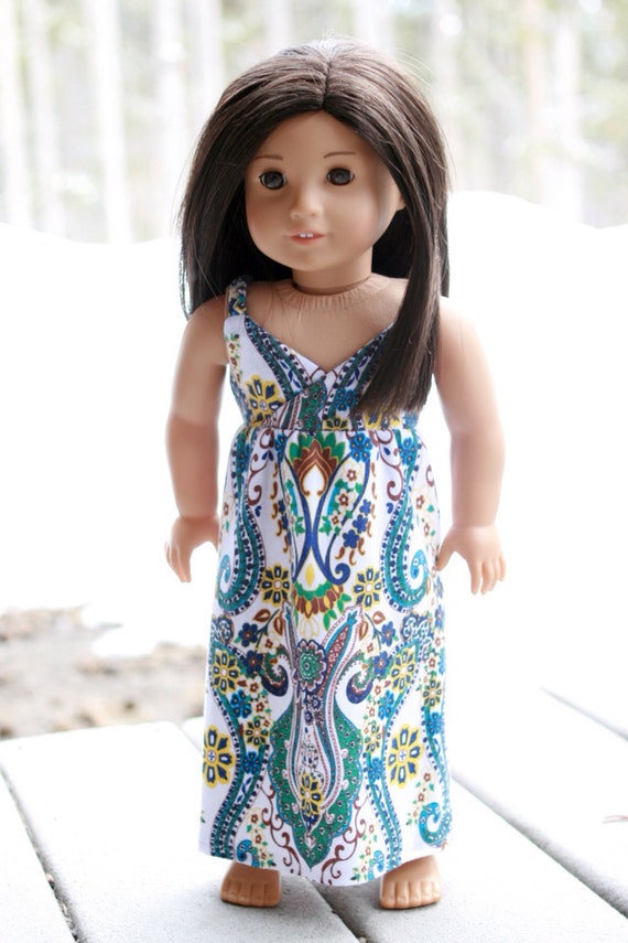 The Carmen Dress, a Maxi Dress with Paisley Design, to fit American Girl and other 18" dolls