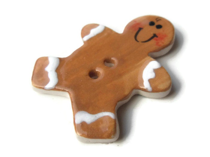 Set of 3 Ceramic Christmas Buttons Gingerbread Man Red and