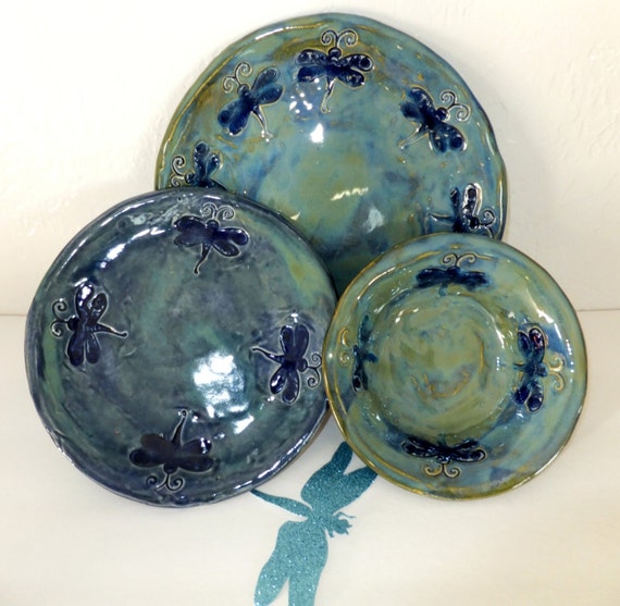 Blue Green Dragonfly Dinnerware Set Handmade Ceramic