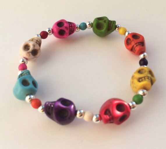Items similar to MultiColored Skull Beaded Bracelet on Etsy